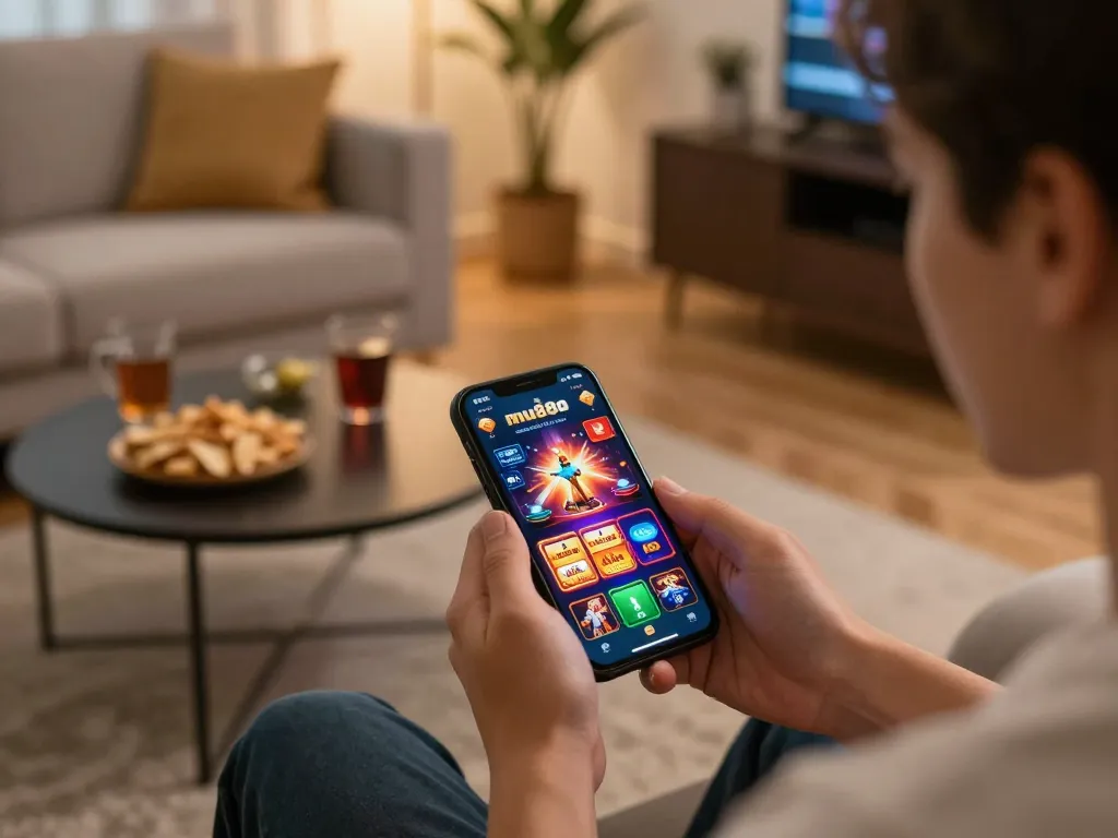 Player engaging with the mu88 app on smartphone in a cozy home setting, showcasing various exciting casino games.