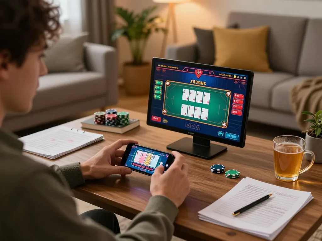 Engaged player enjoying online casino gaming at home, showcasing gameplay on trang chủ fun79 app.