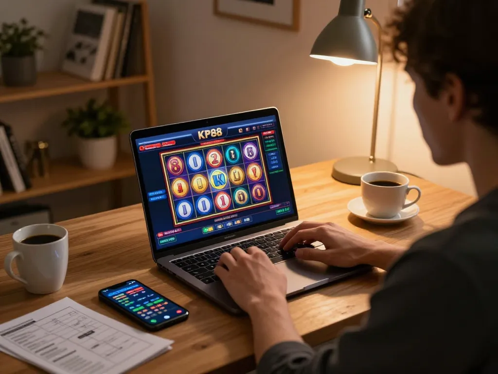 Monitor displaying kp88 slot game with vibrant graphics and winning reels in a stylish home gaming setup