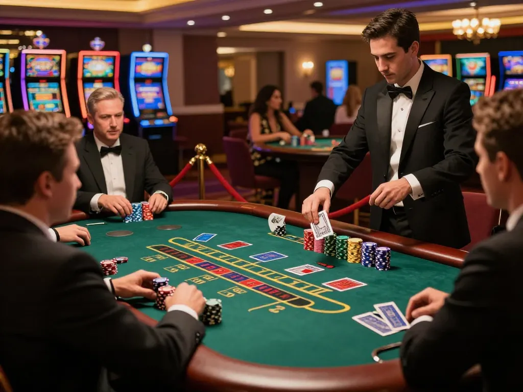 Các người chơi LUCK8 đang chiến lược đặt cược tại bàn blackjack sang trọng trong ánh sáng sòng bạc sống động
