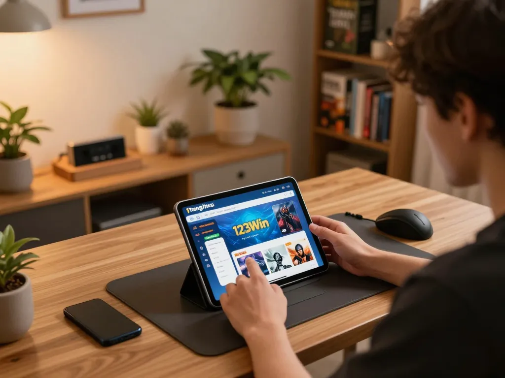 Engaged in online gaming, a player explores Trang chủ 123Win on a tablet within a cozy home setup.