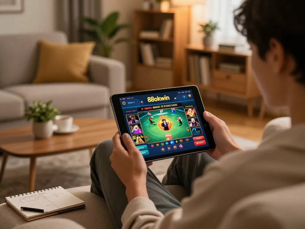 Engaging user playing at home using the 88okwin app for online gambling, showcasing a cozy atmosphere.