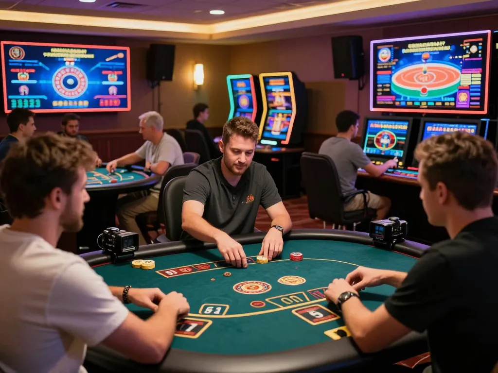 Engaged players strategizing at nhà cái fly88 online casino gaming tables, showcasing exciting poker and roulette gameplay.
