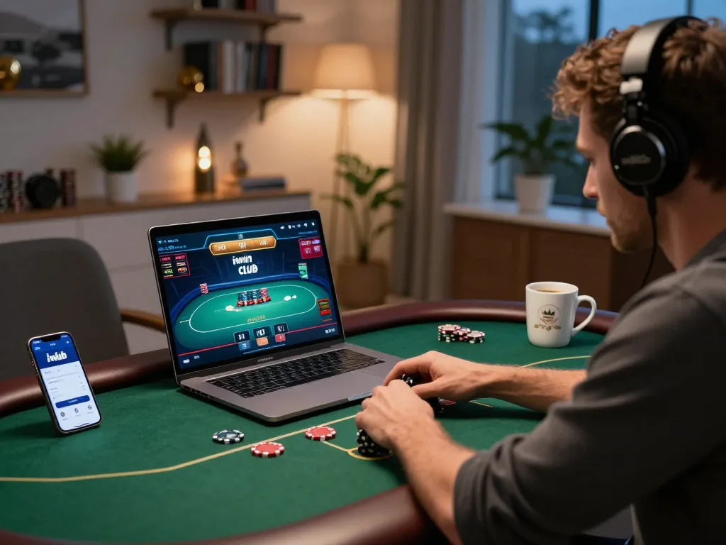 Engaged player using the iwin club app in a sophisticated home gaming setup with a laptop and coffee.