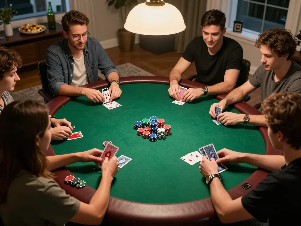 Players enjoy a lively poker game at home, showcasing qh88go strategies and camaraderie.