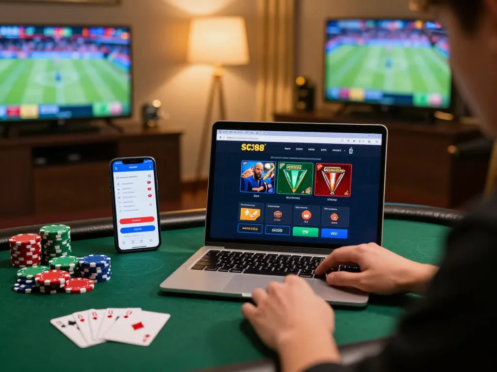 Player exploring the SC88 online gambling platform with casino elements and modern technology in a cozy environment.