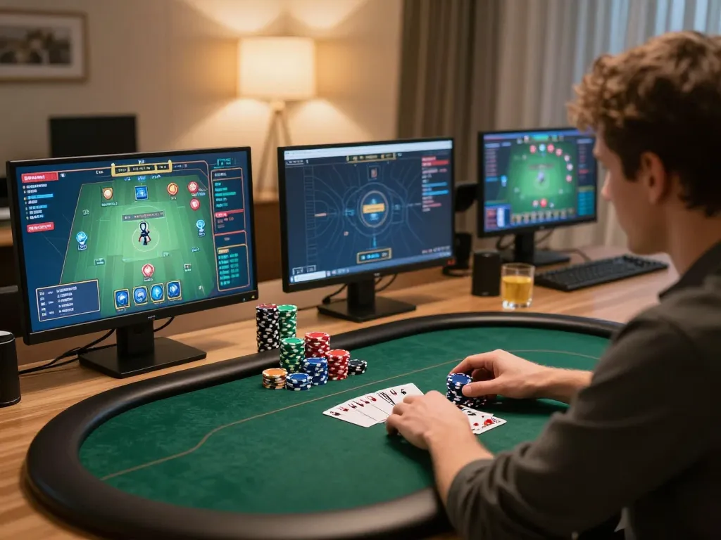 Player strategizing in high-stakes poker game on gi88 platform from modern home office
