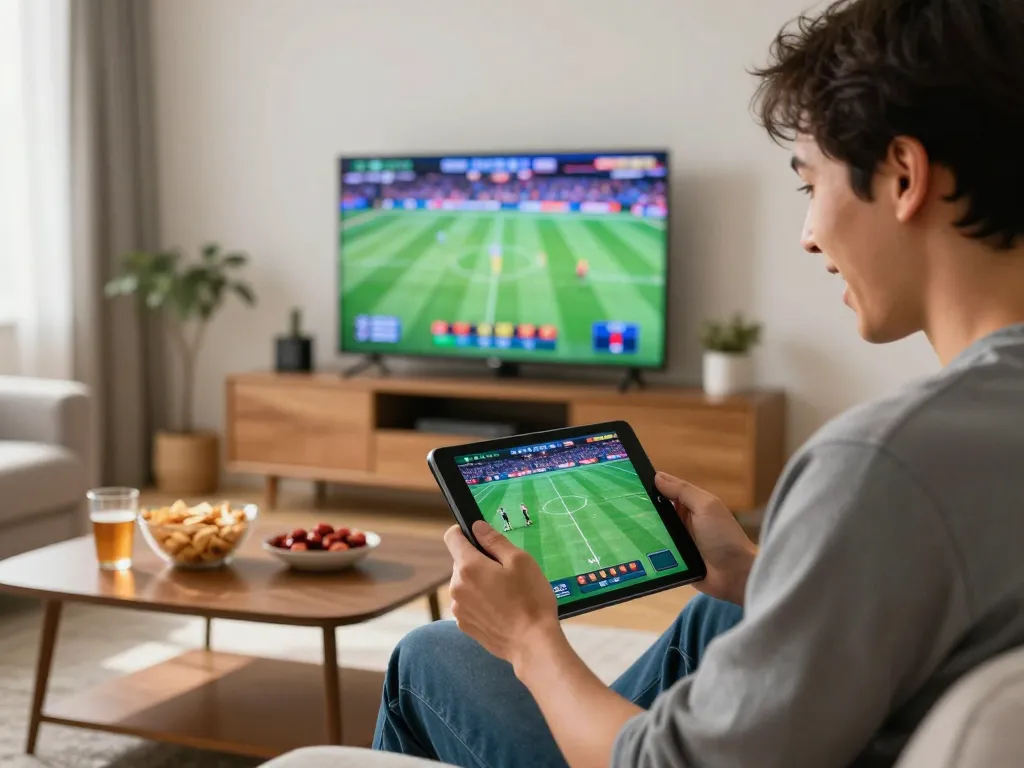 Tỷ lệ kèo nhà cái hôm nay highlights an exciting moment of online sports betting in a cozy home setup.