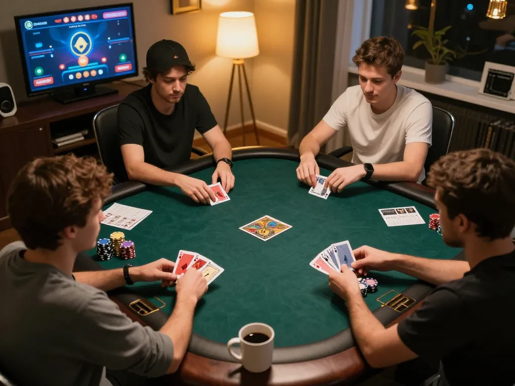 Luck8 players strategizing during an online poker game in a cozy home setting.