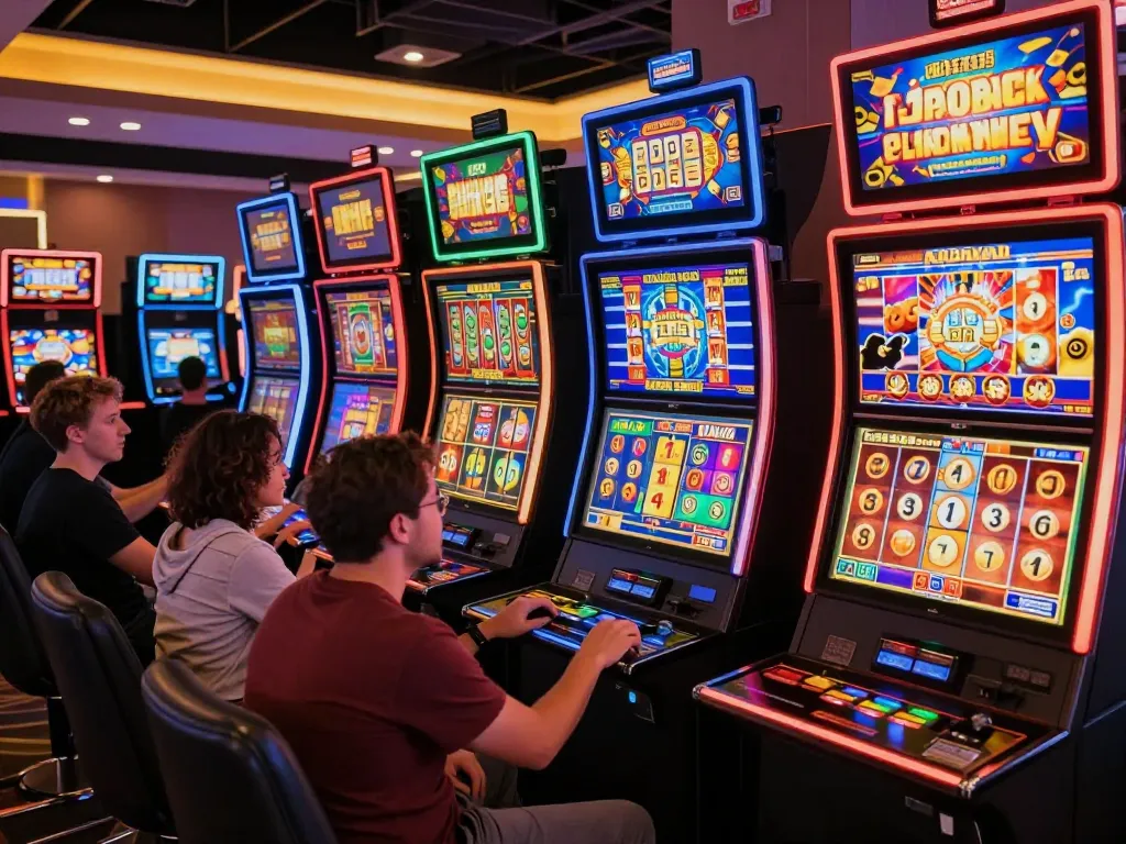 Engaged players enjoying Slot Malaysia's vibrant online casino, spinning reels on colorful machines.