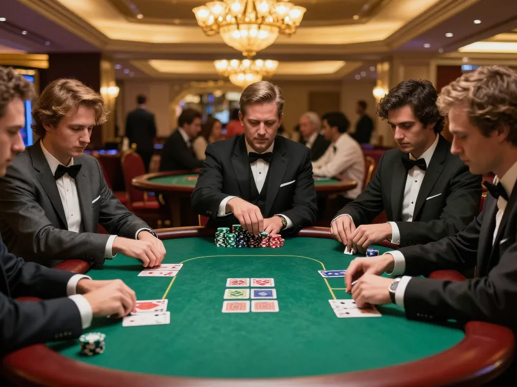 Players engage in serious poker gameplay at NK88 high-roller table in luxury casino.