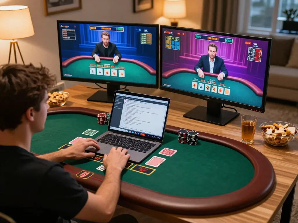 23WIN player engaging in live dealer blackjack at home with strategic notes and warm ambiance.
