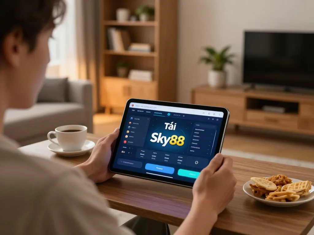Tải app Sky88 template displayed on tablet during online gambling session in a cozy home.