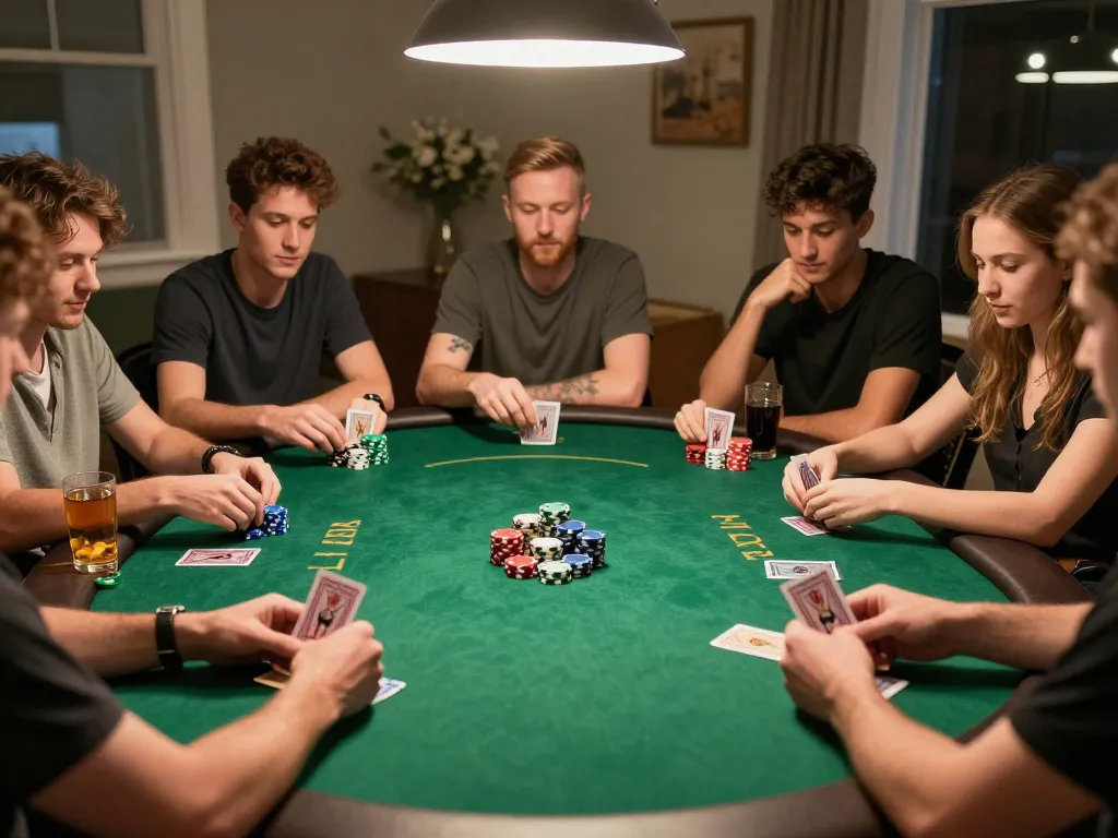79KING players strategizing in a friendly poker game, vibrant colorful chips and cards visible.