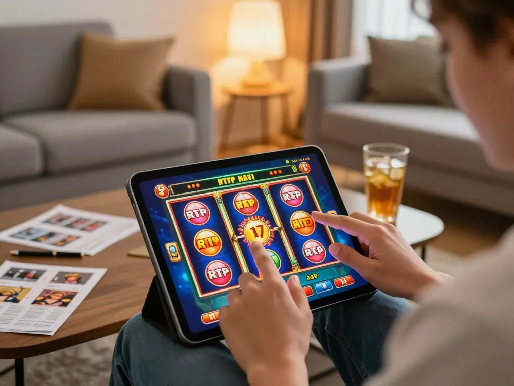 Pemain terlibat dalam permainan slot situs toto di tablet, menyoroti potensi kemenangan RTP tinggi di setting rumah yang nyaman.
