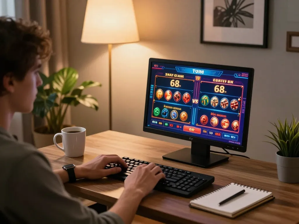 Engaging in twin68 online casino gaming at stylish home office, showcasing vibrant game interface.