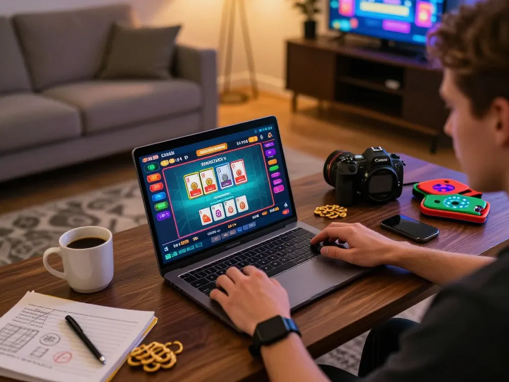 Person engages in online gaming with O8 HAIR on display, showcasing vibrant casino graphics and a cozy environment.