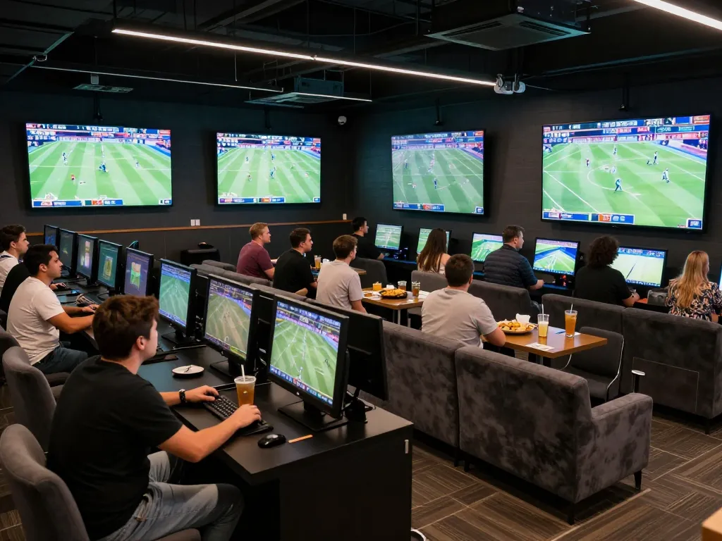 nhandinhkeonhacai sports fans engaging in live betting at a vibrant lounge
