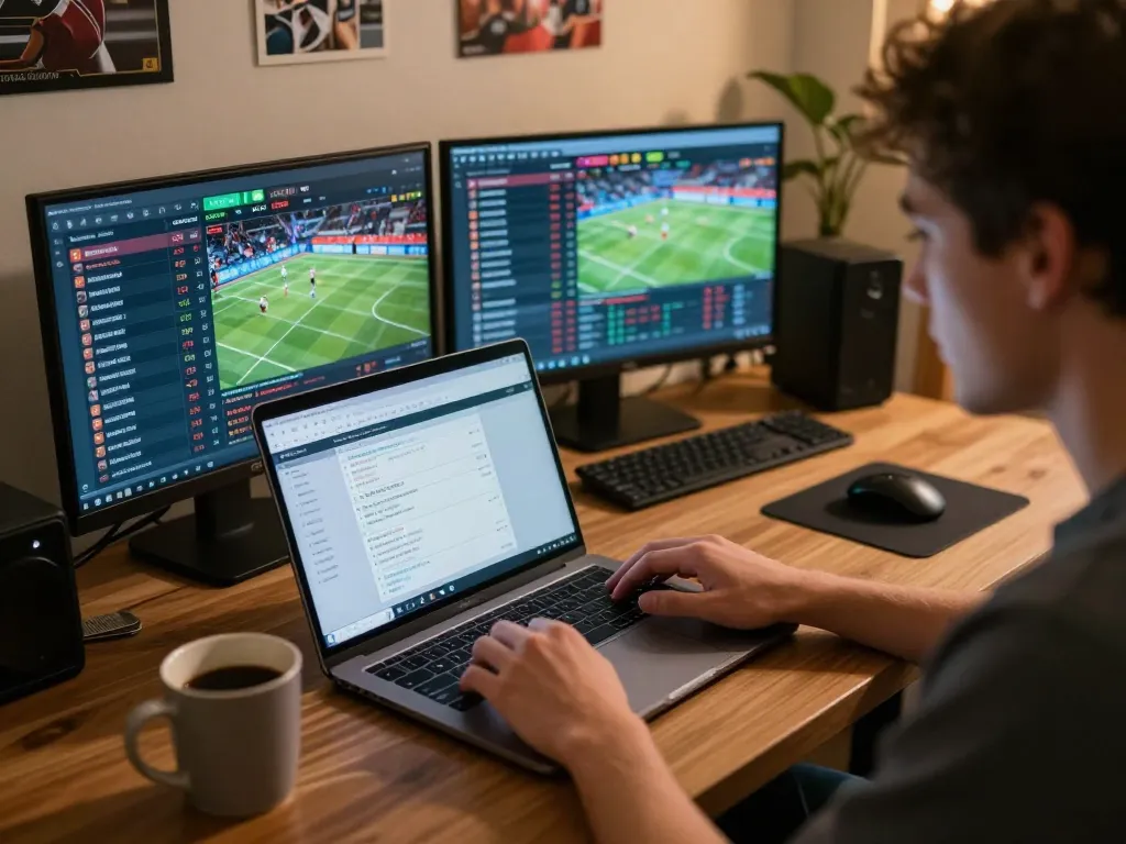 Engaged in online sports betting with keo nha cai displayed on multiple screens in a cozy home office.