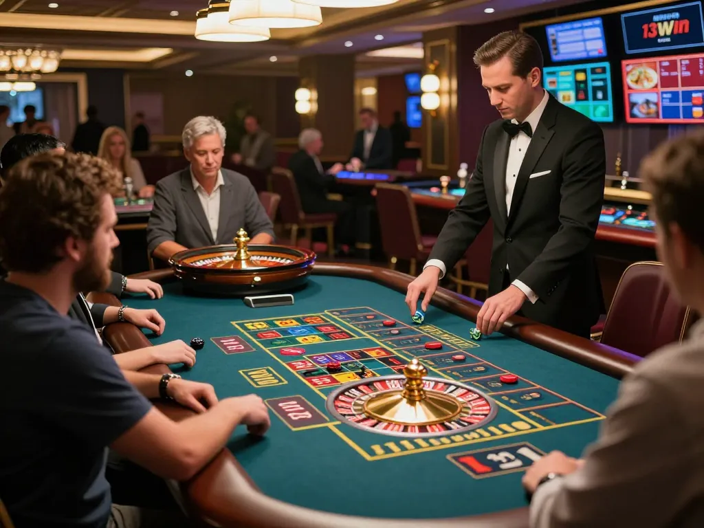 Players engaging in dynamic roulette gameplay at 13win co casino table.