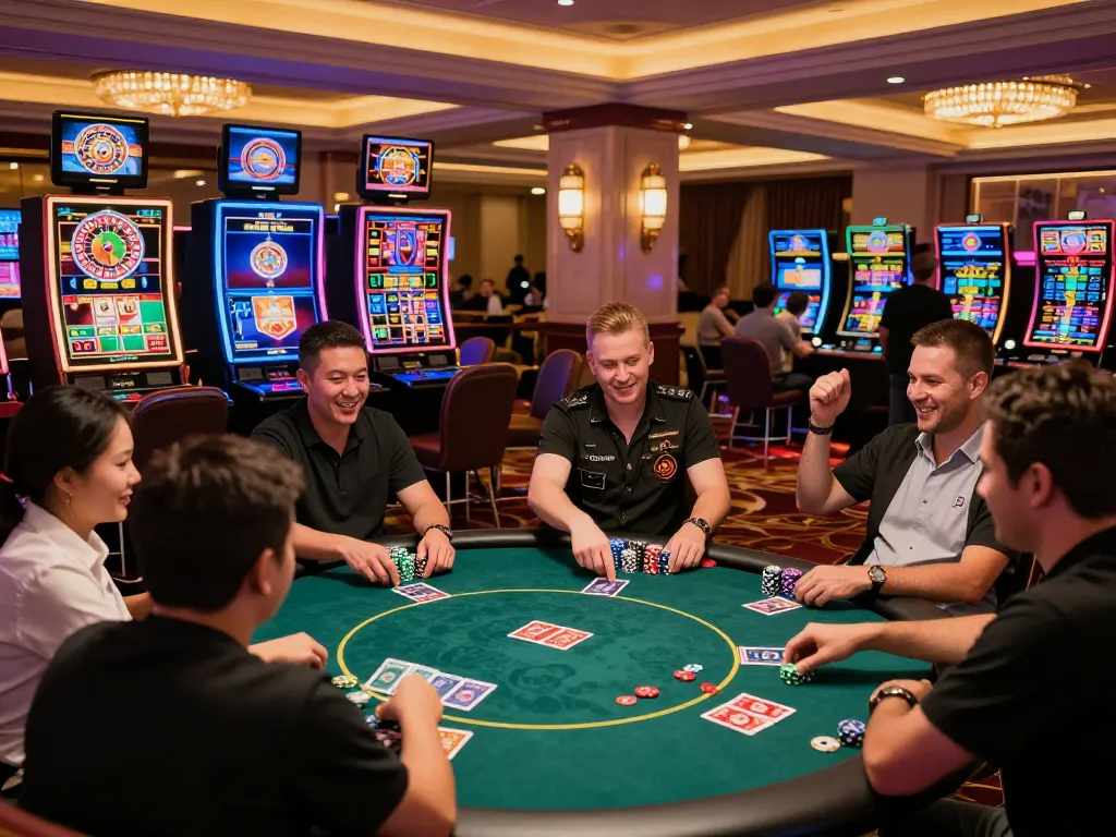 Vibrant bem88 online gambling scene showcasing players engaged in poker and slots, celebrating wins.