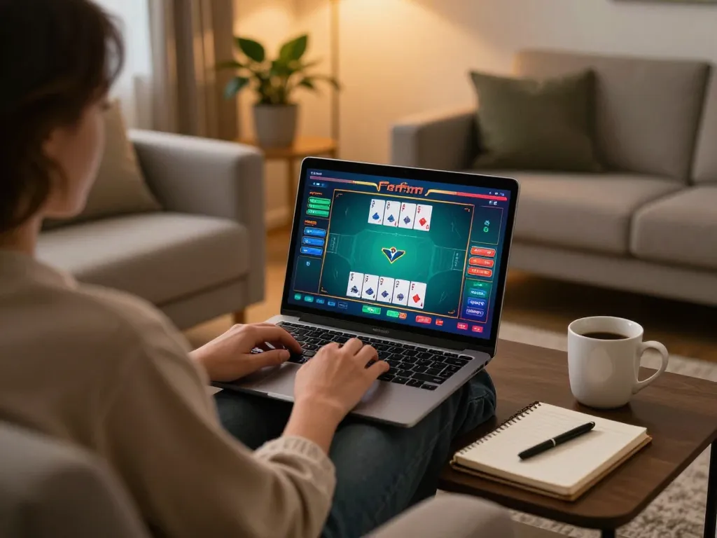 BL555 player enjoying poker at home using laptop, showcasing engaging gameplay environment