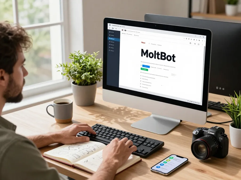 MoltBot interface in a modern office, showcasing task automation and productivity.