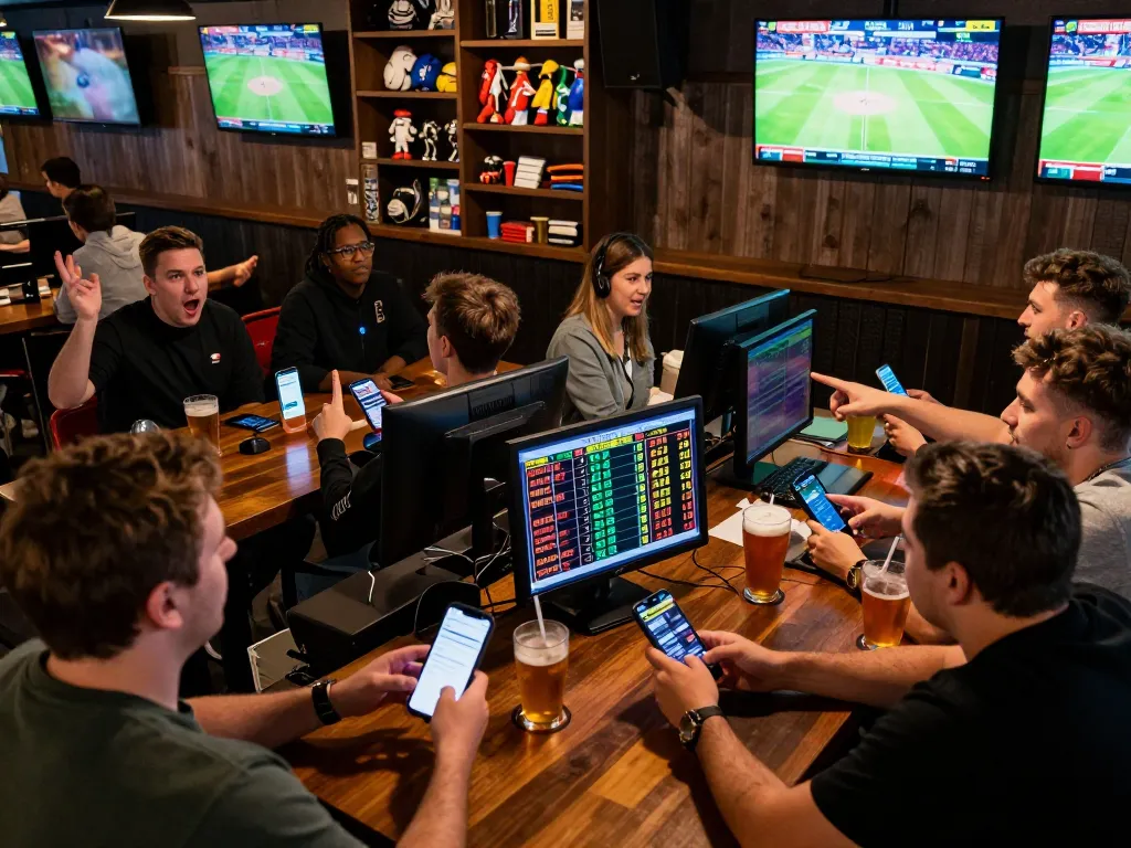 nhà cái 68win patrons actively placing bets on sports events in a lively bar atmosphere