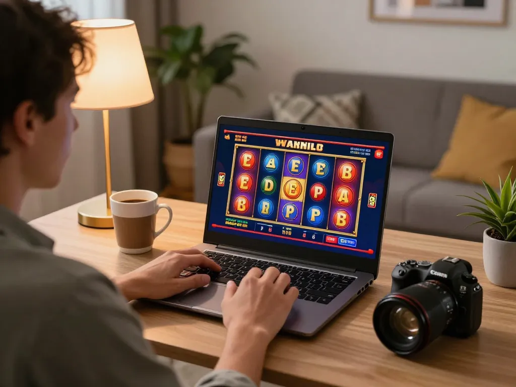 Experience fabet's captivating online slot gaming with an immersive home setup and vibrant animations.