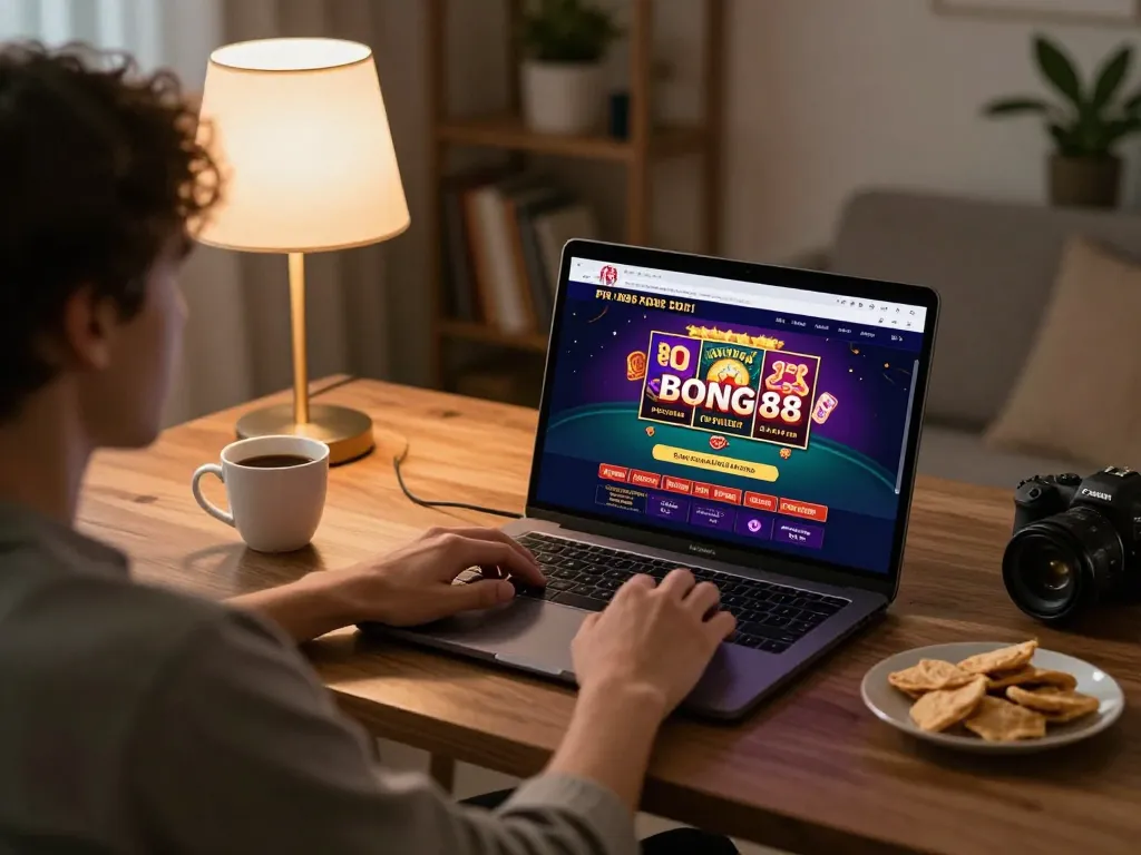 Bong88 online gaming experience with a person engaged in betting at home, showcasing a cozy setup.