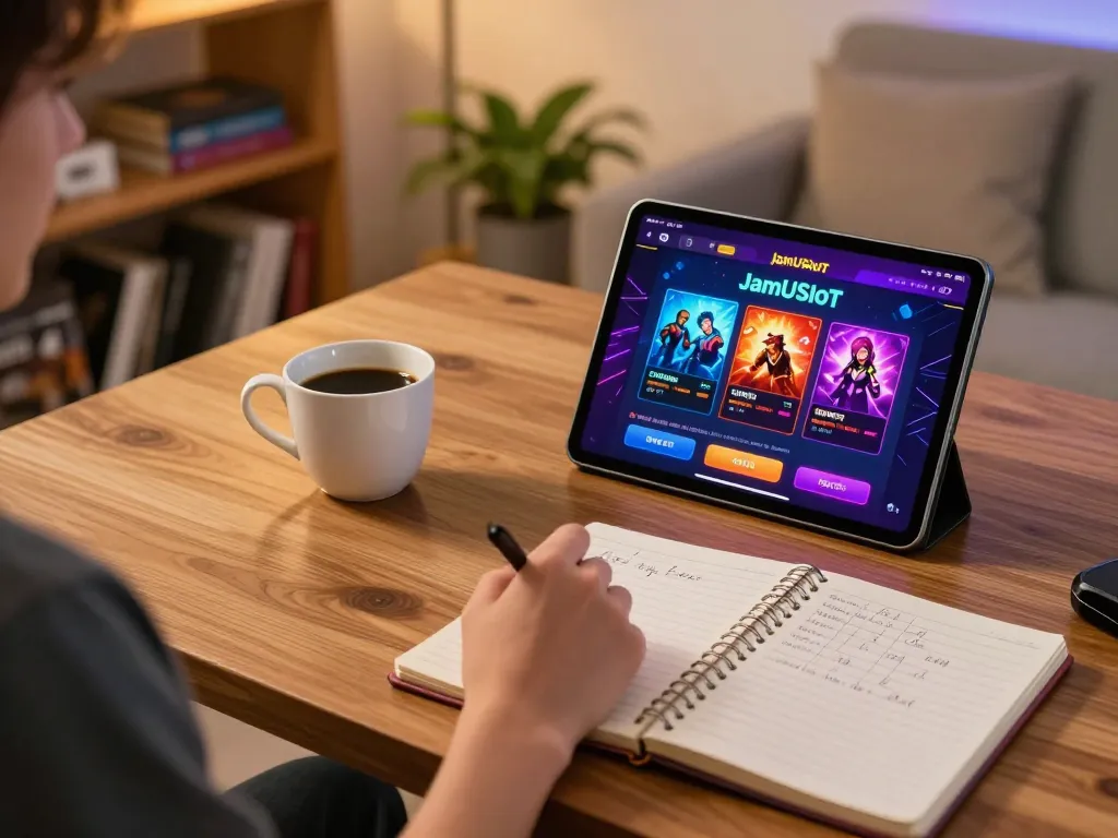 Engaging in gameplay on JamUSloT situs slot gacor with premium interface and strategic notes.