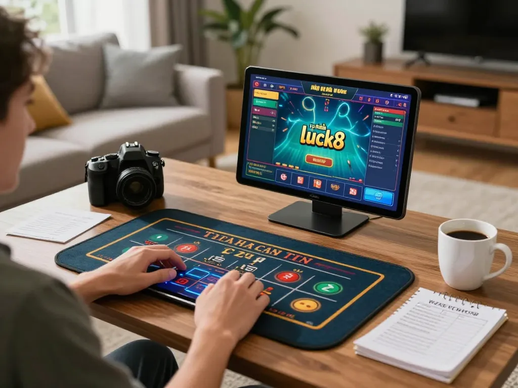 Engaging online gaming scene with tablet showcasing nhà cái luck8 casino game, promoting responsible gaming practices.