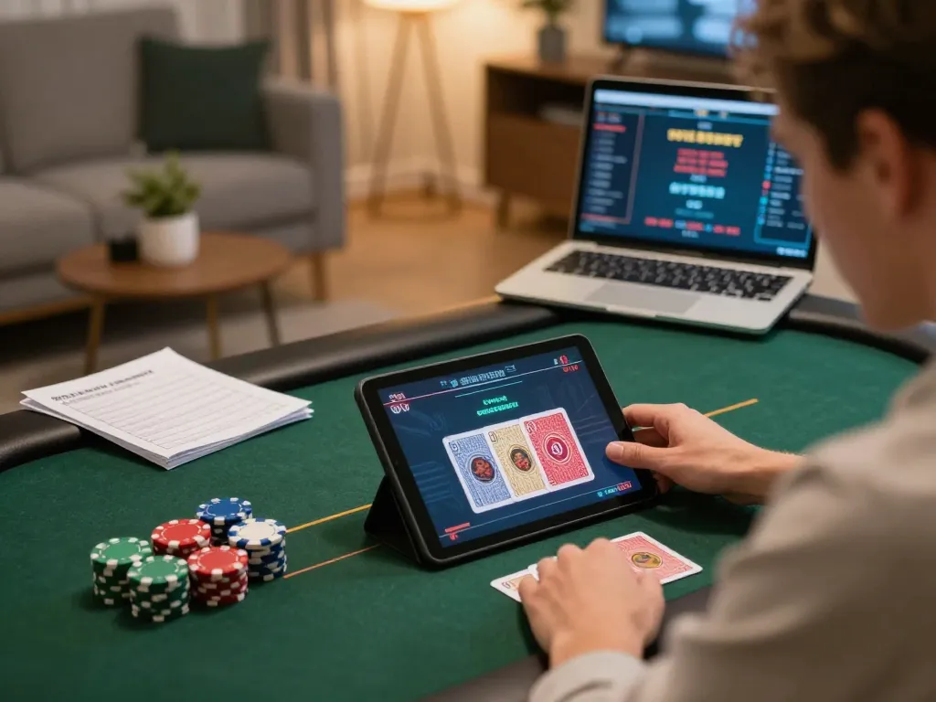 Engaging login situs poker experience at home with player focused on tablet game interface.