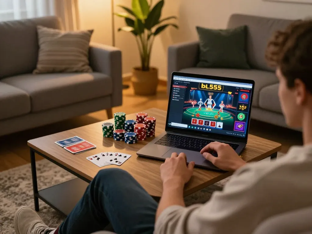 Player enjoying online poker at home, exploring bl555's gaming options strategically for better odds.