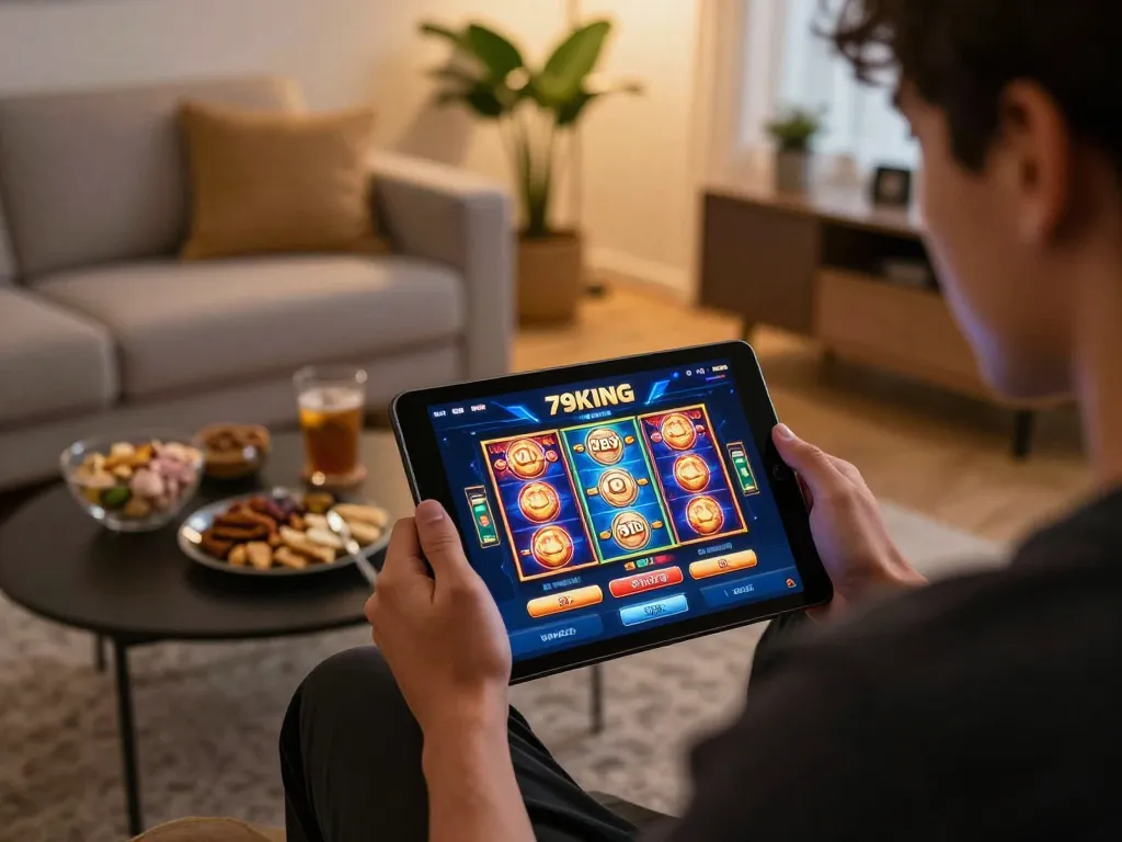 Engaging player enjoying dynamic gameplay on the 79KING casino app in a cozy living room.
