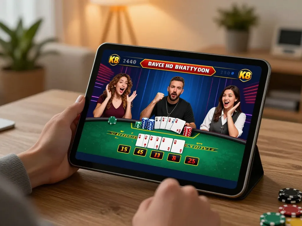K8 casino user excitedly playing blackjack on a tablet in a cozy home setting.