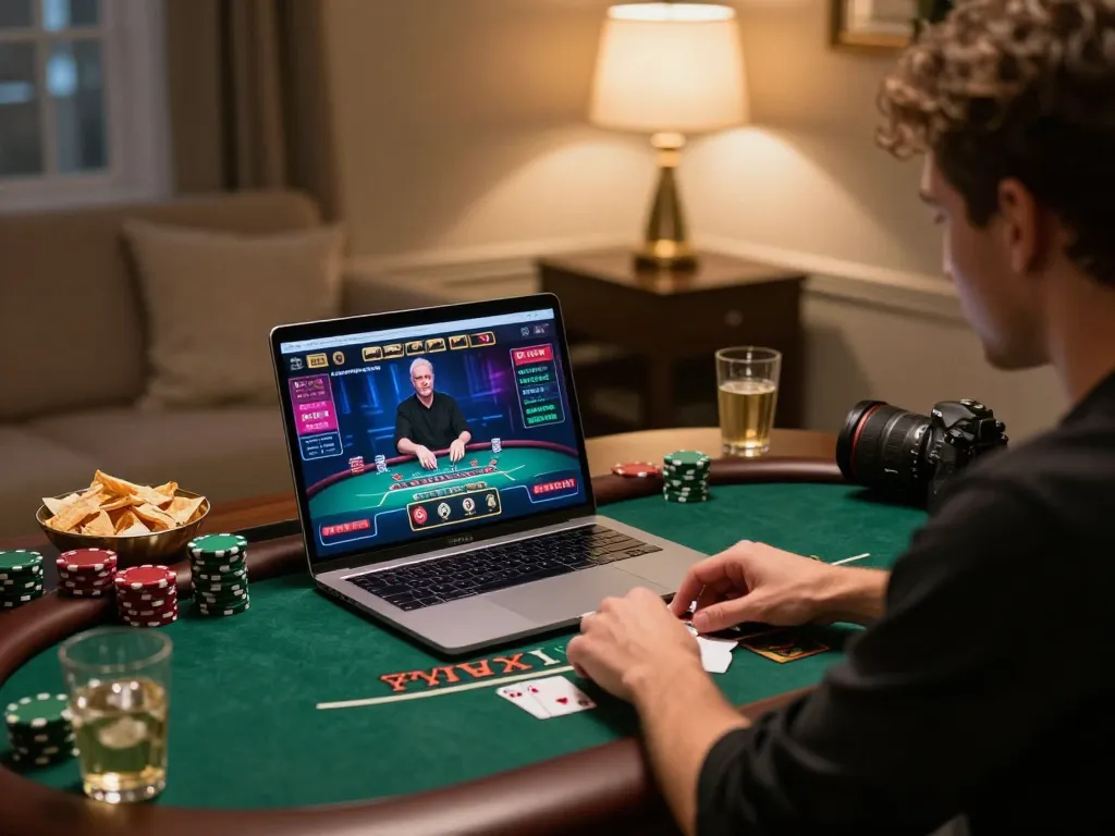 Engaging in a live dealer game at home with 789win on the laptop screen, showing strategic gameplay.