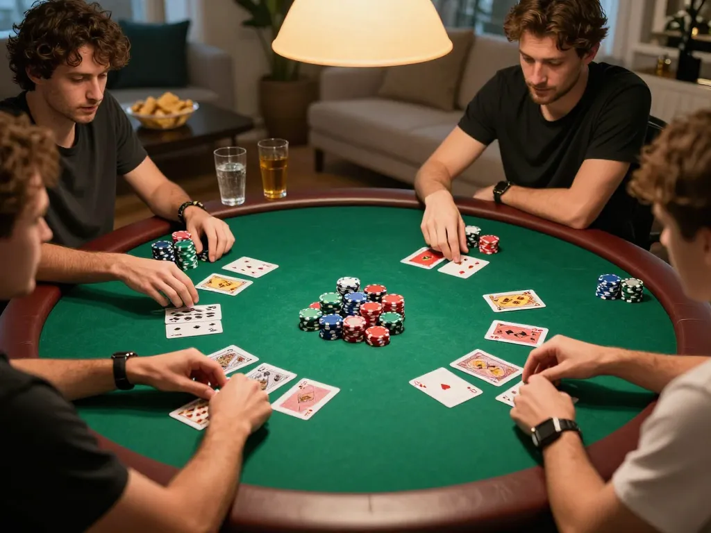 Friends engaged in a lively poker night, showcasing C168 strategy and fun atmosphere with colorful chips and cards.
