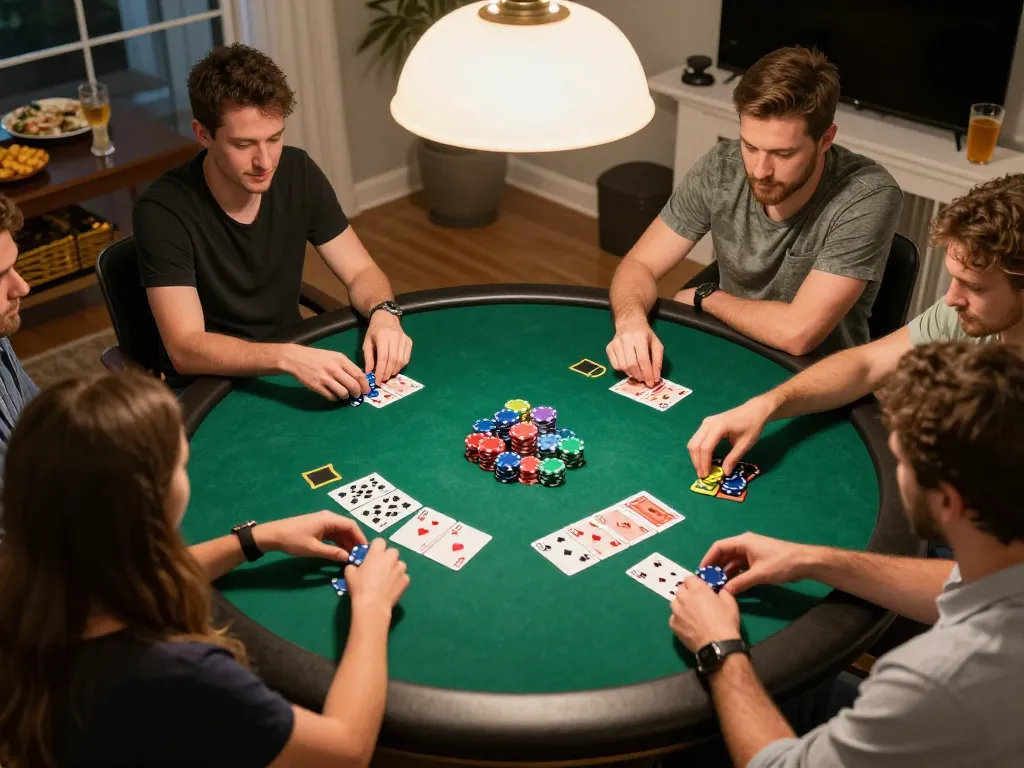 Engaged friends enjoying poker at home, using bl555 com for a thrilling gaming experience