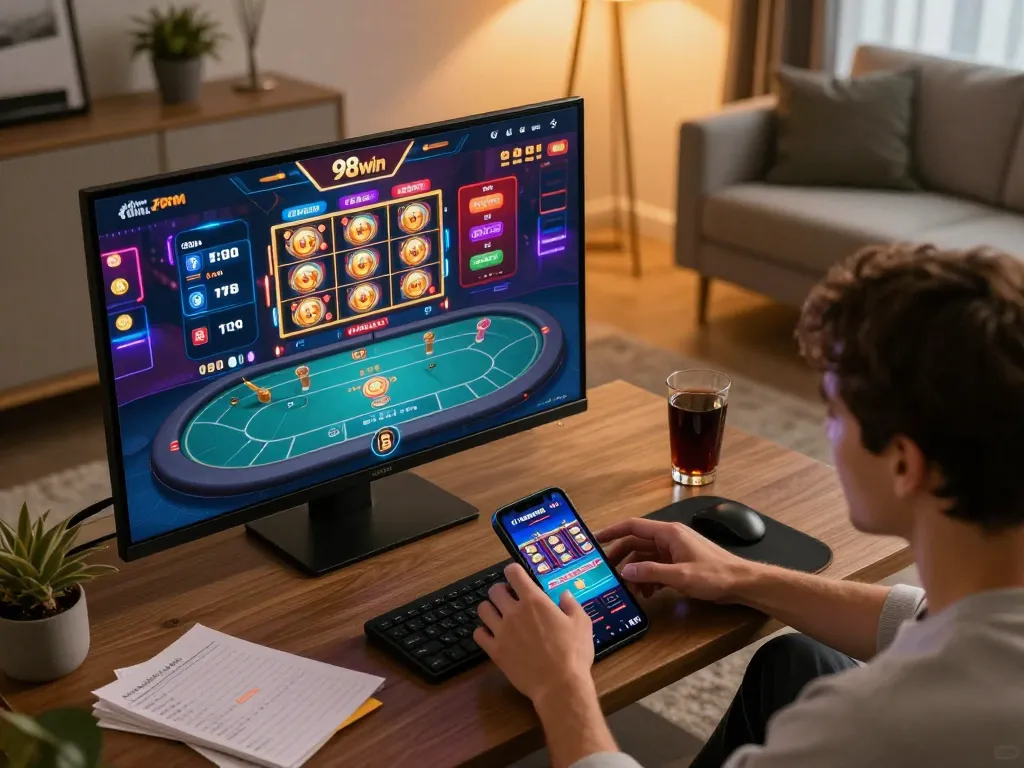 Excited player engaged with nhà cái 98win mobile app, showcasing dynamic online gaming atmosphere.