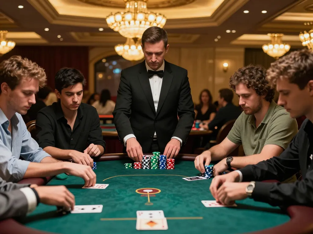 Players strategizing in a high-stakes poker game at HI88's luxurious casino venue.