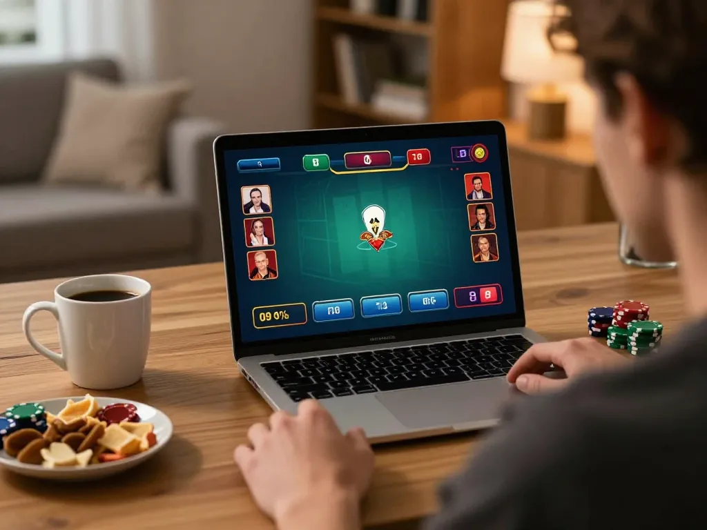 Experience thrilling online poker gameplay with 78WIN in a modern home setting.