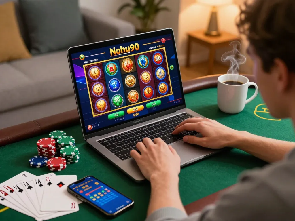 Nohu90 online gaming session at home, featuring vibrant slot game interface and focused player.