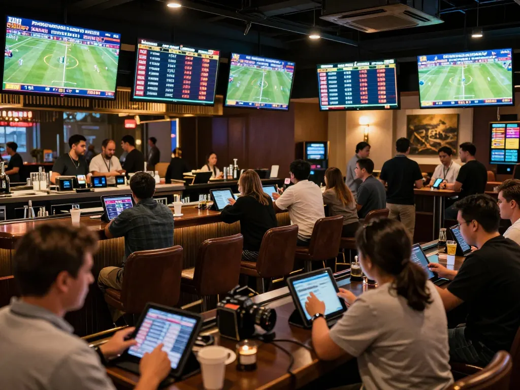 Betting on keobongda with excitement in a stylish sports lounge filled with live games and patrons engaged in wagering.