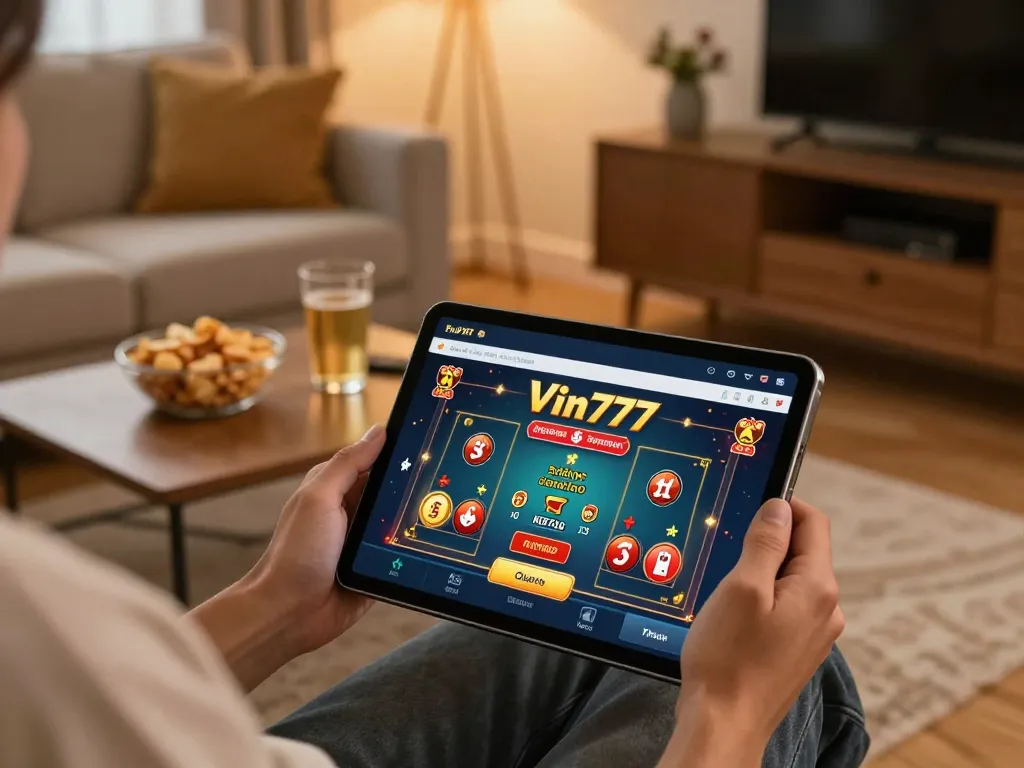Person playing casino games on the Vin777 app in a cozy home setting.