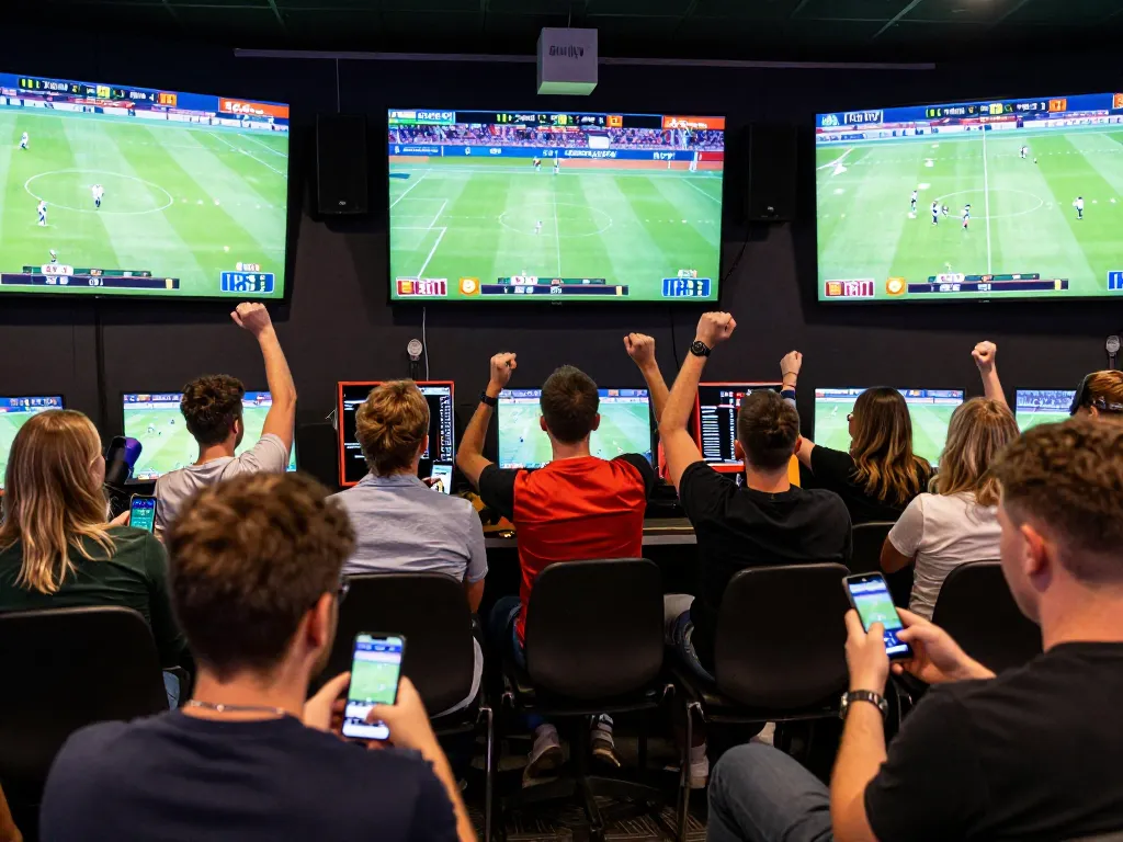 Engaged bettors analyzing live sports data on keonhacai5 in an exciting stadium environment