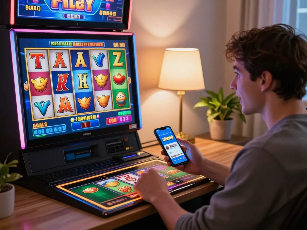 Engaged player enjoying a thrilling slot spin on Sunwin, smartphone app in hand, in cozy home setting.