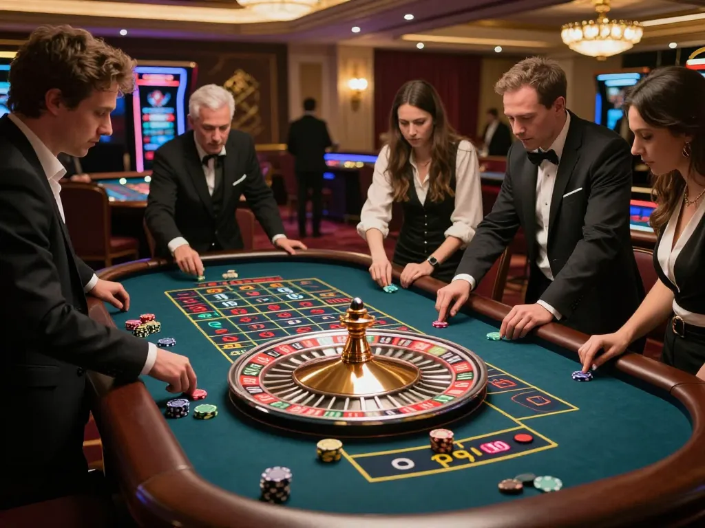Players enjoying the thrill of roulette at luck8 casino, chips in action and vibrant ambiance.