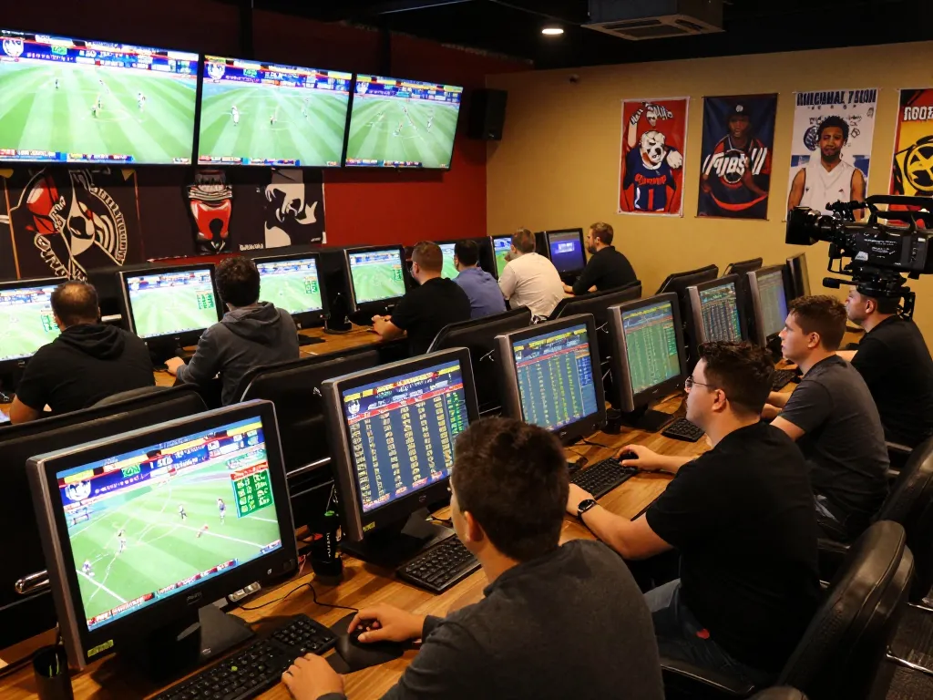 vu88 sports bettors engaging with live events and high-tech betting kiosks in a vibrant lounge atmosphere.