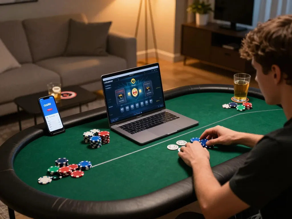 Player engaging in exciting online poker game using the qq88 app in a cozy home setup.
